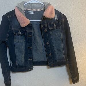 Epic Threads Dark Blue Denim Jacket with Pink Faux-Fur Collar